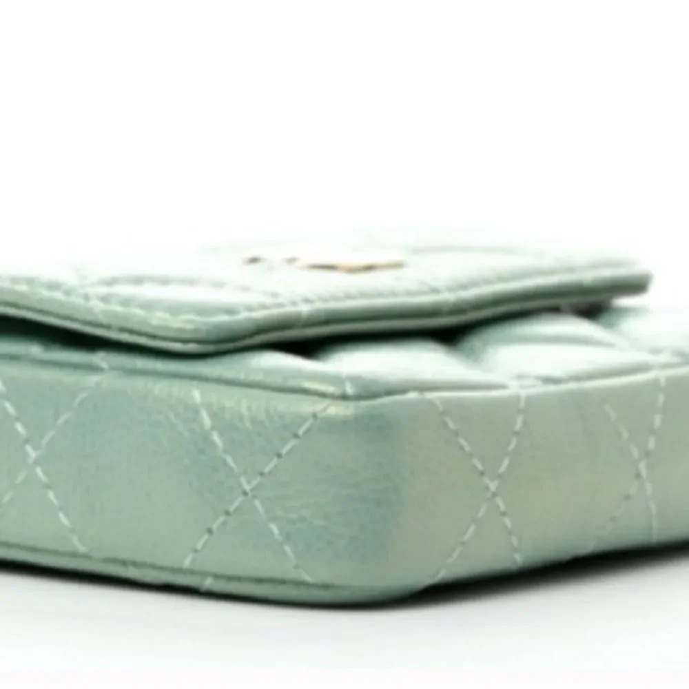 *CHANEL* 2021 Iridescent Mint Green 🌟Caviar🌟 Quilted Pearl on Top Micro WOC